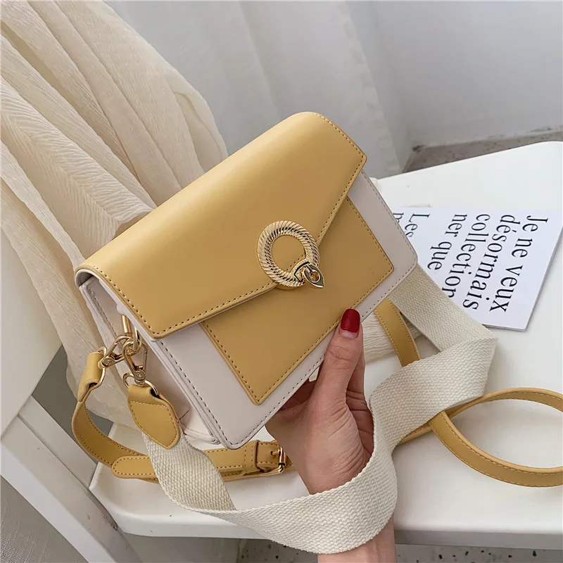 

Summer Simple Small Bag New Style 2019 Chic Lock Bag with Chain Textured Contrast Color Square Sling Bag WOMEN'S Bag Shoulder Ba