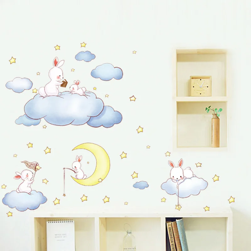 Мультфильм Облако Кролик Луна Настенная Наклейка для детской комнаты девочка принцесса спальня украшения настенные наклейки для детского сада для детской комнаты