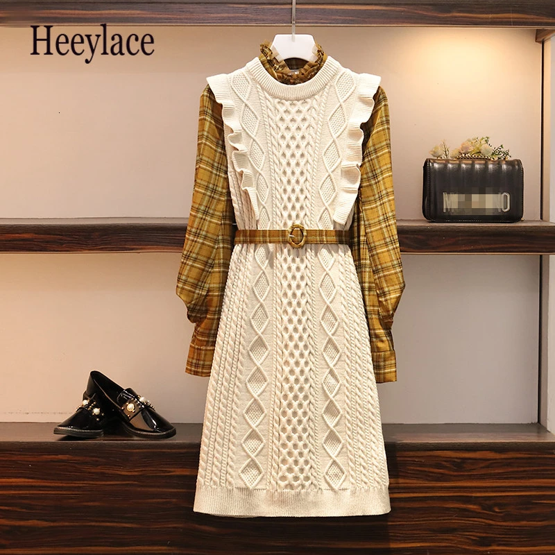 

plus size Elegant Two Piece Set Women Matching Set Outfit Office Lady Plaid Blouse Tops And Midi Ruffles Knit Dress Belt Suits