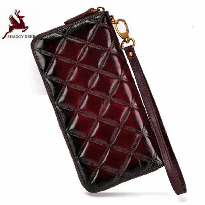 

Drill grid Personality handmade quality Women Long Wallet Genuine Leather vintage Western Zipper Clutch