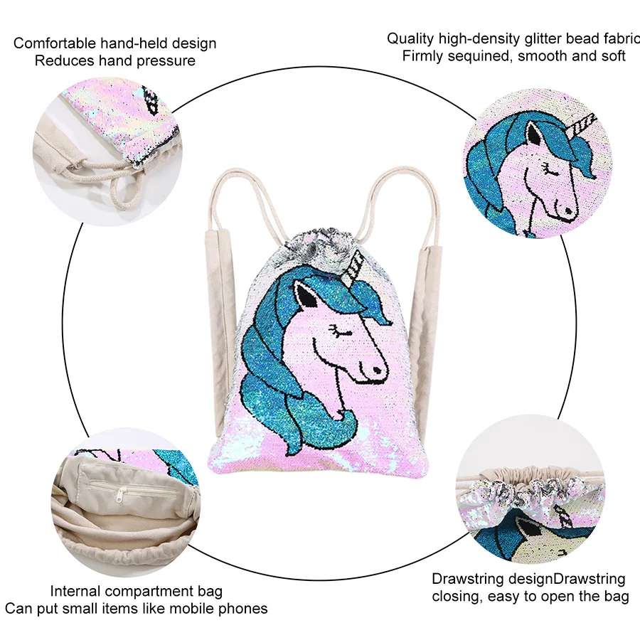 Lantejoulas unicórnio drawstring mochila sapatos de escola