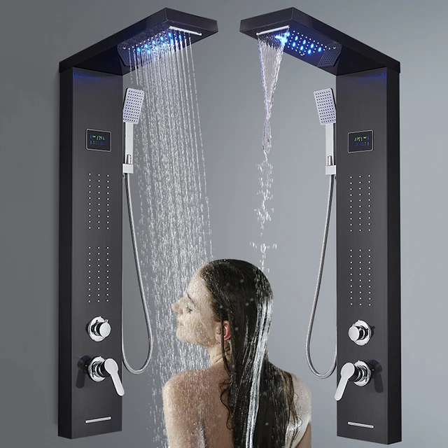 Lujoso grifo de ducha de baño cepillado con panel de ducha LED, columna de  baño, grifo mezclador con pantalla de temperatura de ducha de mano-azul
