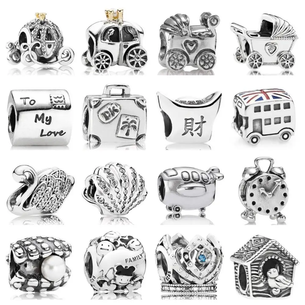 

PDB ZZ 32 Quality Fine Jewelry Charm Beads Carriage Alarm Clock Aircraft Union Jack Bus Seashell Majestic Swan 925s Charm Beads