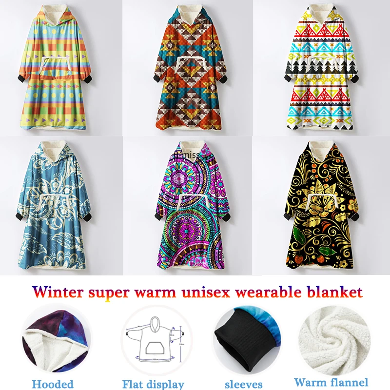 Hippie Mandala Hooded Blanket with Sleeve Luxury Brand Designer Wearable Classic Floral Plaid Sherpa Throw Blankets | Дом и сад