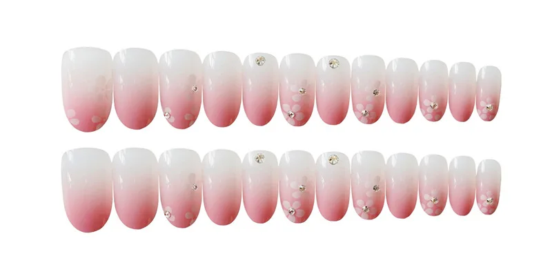 24 Pcs Gradient Pink Artificial Fake Nails French Flowers Nails Art With Design Press On Nail Tips Z234