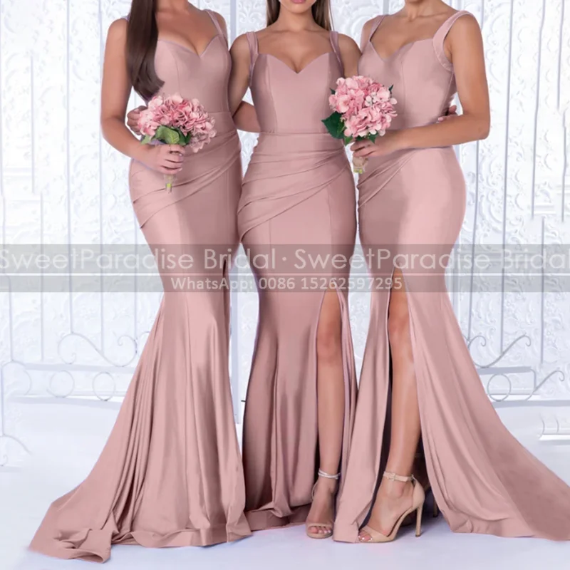 Rose-Pink-Trumpet-Bridesmaid-Dresses-With-Side-Split-Spaghetti-Pleat ...