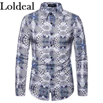 

Loldeal Men Print Shirt Fashion Long Sleeve Casual Lapel Comfort Cotton