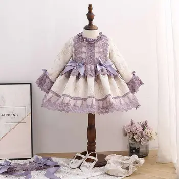 

three pcs Kids Spanish Clothes Girls Party Dress Wave Point Infant Bow Ball Gowns Autumn Toddler Birthday Party Boutique Dresses