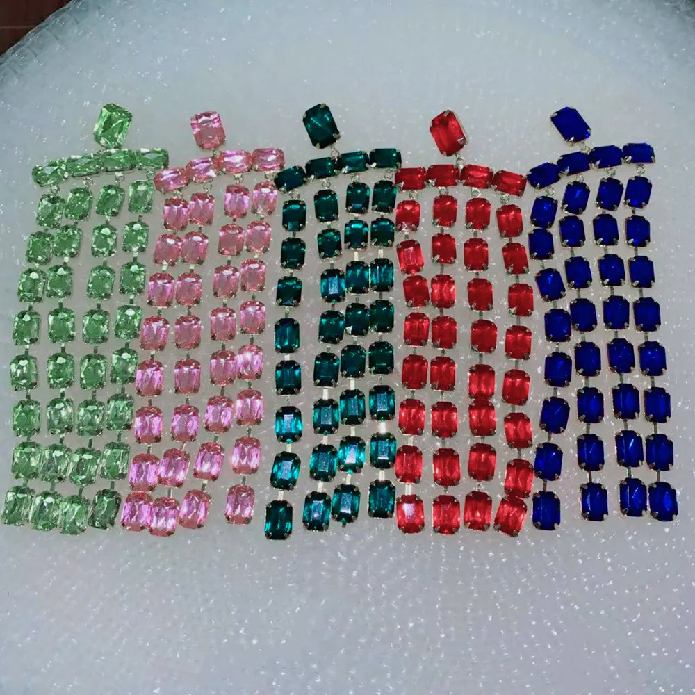 INS Colorful Rhinestone Long Tassel Square Pendant Hanging Earrings for Women Bling Crystal Geometric Big Drop Dangle Earrings