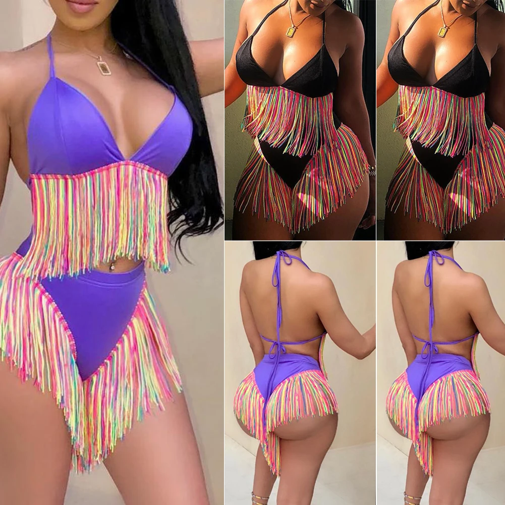 2020 New Women Summer Sexy Bandage Tassles Bikini Set Push-up Padded Bra High Waist Lace Up Bathing Suit Swimsuit Beachwears | Женская