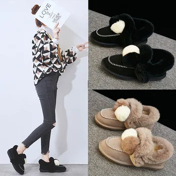 

SWYIVY Genuine Leather Snow Boots For Woman Slip On Winter Warm Fur Boots Furry Ball 2019 New Female Black Casual Shoes Snow