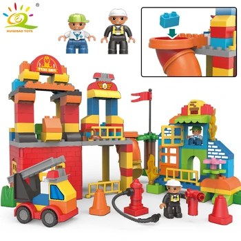 

124pcs Fire Station Large Size Building Blocks Duploed Firefighter Figures Car Bricks Kits
