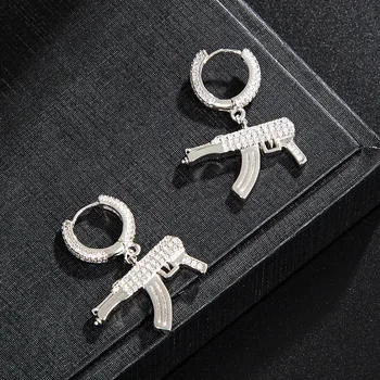 

Hip Hop 1Pair Iced Zircon AK47 Gun Earring Gold Color Micro Paved AAA+ Bling CZ Stone Earrings For Men Jewelry