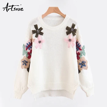 

Artsnie Autumn 2018 Embroidery Floral Gray Knitted Pullovers Women O Neck Long Sleeve Streetwear Sweaters Pull Femme Jumpers