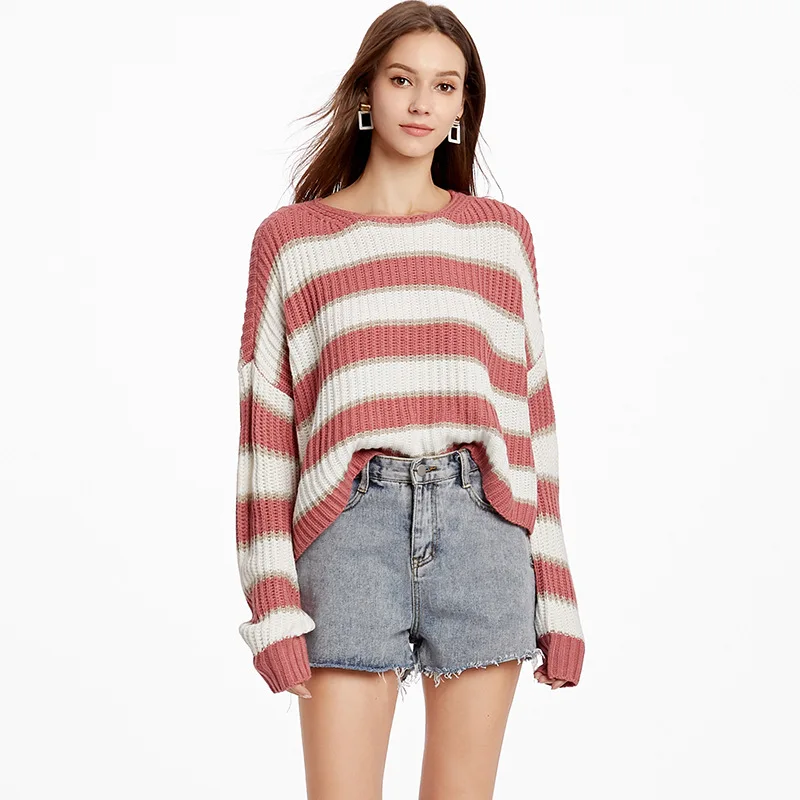 Повседневный свитер женский 2019 короткий Свободный Полосатый Вязаный Пуловер Весна Осень Дамская уличная мода контрастный цвет женские