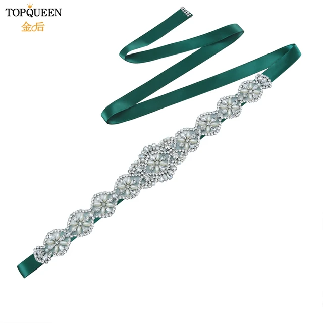 TOPQUEEN S161 White Wedding Belts Silver Rhinestone Belt Accessories for Bride Crystal Formal Dress Belt Gown Sash Bridal Belt Drak green Ribon