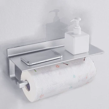 

Paper Roll Dispenser Shelf Self-adhesive Reversible Toilet Paper Holder with Phone Shelf and Bathroom Hook, Modern Decor Style