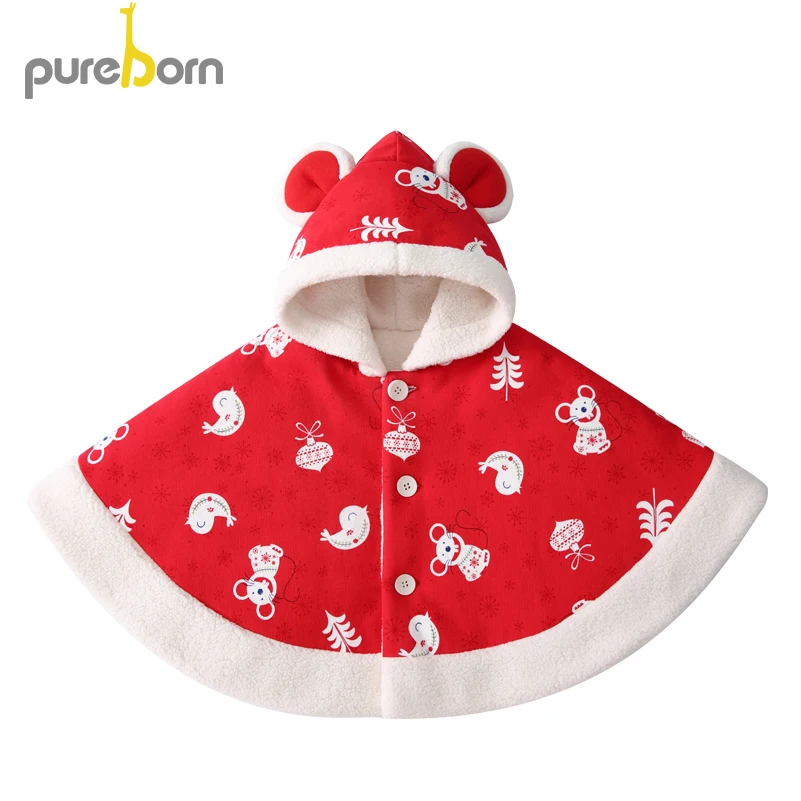 Детский флисовый плащ Pureborn пончо с капюшоном и мультяшной мышкой для малышей