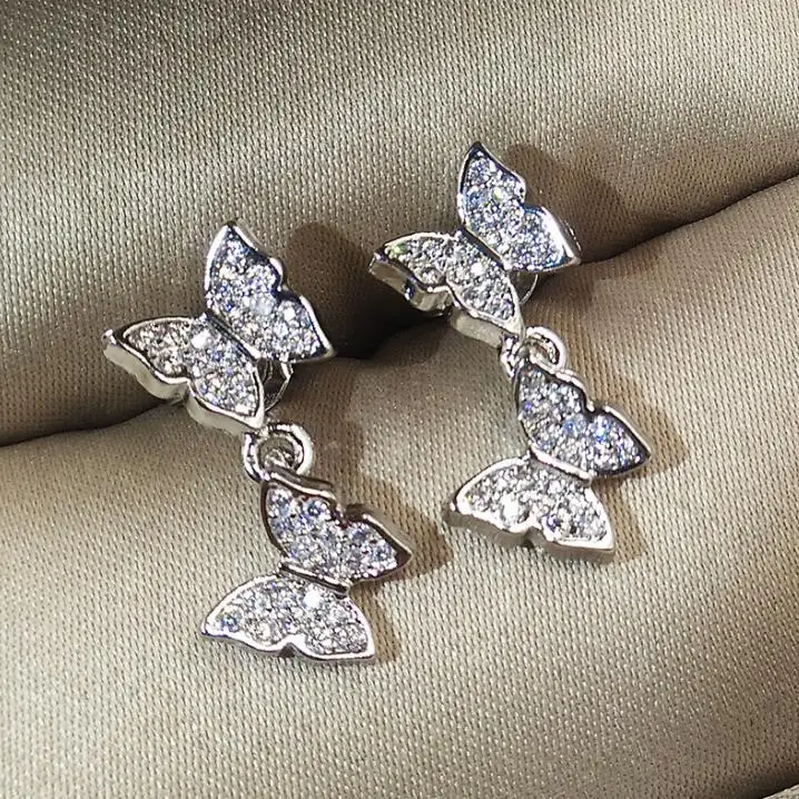 Крошечные трендовые серьги-гвоздики с кубическим цирконием и двумя бабочками, роскошные Качественные серьги-гвоздики с камнями Cz для женщин, ювелирные изделия для девочек - Окраска металла: SILVER 1