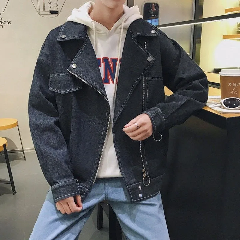 Idopy Мужская джинсовая куртка нерегулярная молния воротник с отворотом уличный стиль хип хоп винтажные джинсы, куртка и пальто для мужчин
