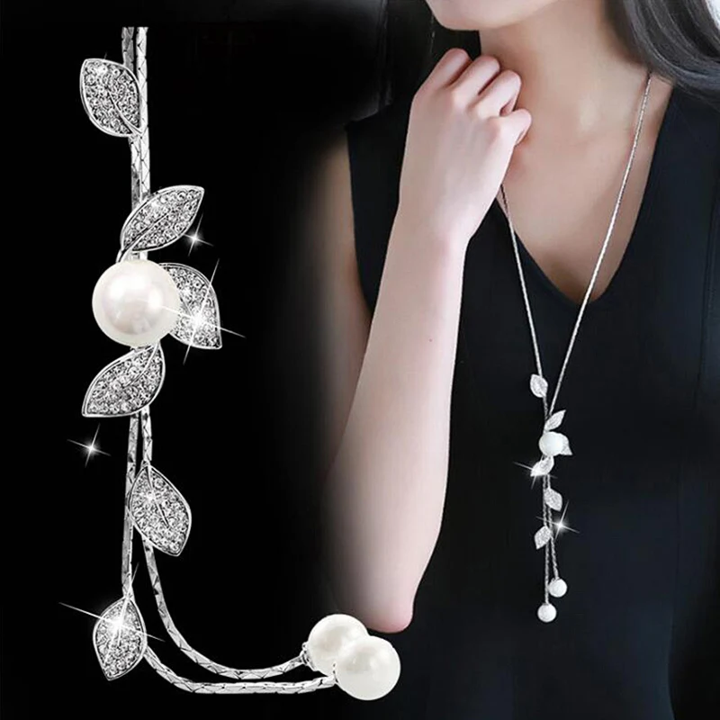 Simulated Pearl Crystal Leaf Necklaces for Women Silver Color Chain Long Necklace Pendant Jewelry Accessories Trendy 2021 | Украшения и