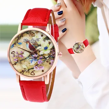 

Retro Quartz Watch Faux Leather Strap Couple Watch Round Dial Women Watches Spring Flower and Birds Printed TT@88