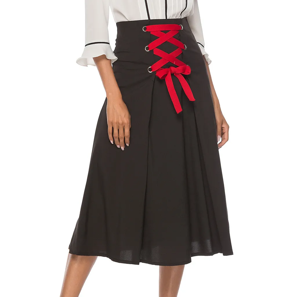 Модные бандажные плиссированные юбки женские винтажные Высокая талия юбка Офисная Женская однотонная шнуровка Повседневная средняя удлиненная юбка Saias@ 35