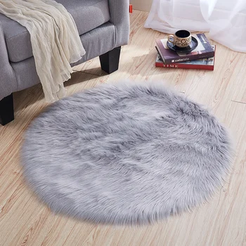 

Gray imitation wool round carpet computer chair plush mat bedroom hanging basket rug window decoration carpet crawling carpet