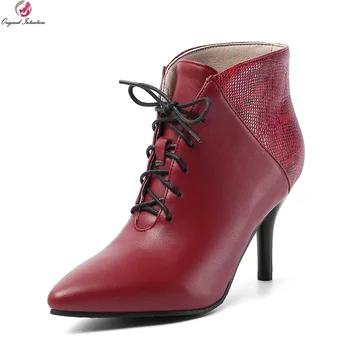 

Original Intention Fashion Woman Ankle Boots Lace-up Pointed Toe Stiletto Heels Black Red Beige Elegant Concise Shoes Woman