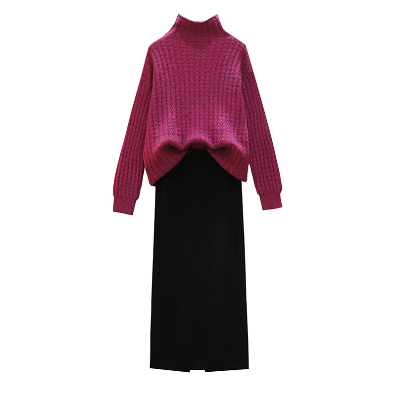 

Half Turtleneck Twist Thickening Sweater Black Skirt Women 2 Pcs Clothing Set Knitwear Outfit Vestido Loose Top Casual StyleHalf