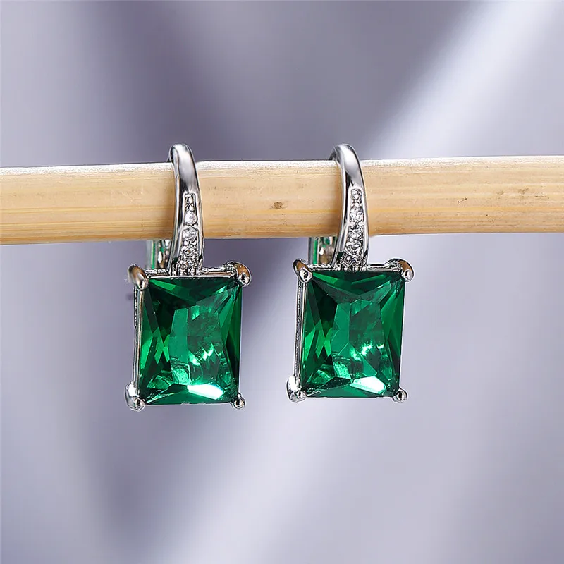 Simple Female Aqua Blue Crystal Jewelry Cute Silver Color Small Clip Earring Dainty Rainbow Square Wedding Earrings For Women