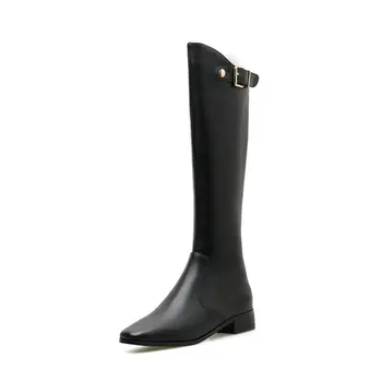 

Genuine leather buckle Women Knee High Boots low square Heels Long ladies Boots Quality Boots Shoes Woman
