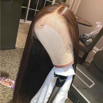 

Dark Brown Color Silky Straight Hair 13*4Glueless Lace Front Synthetic Wigs For Black Women With Baby Hair Natural Hairline Long