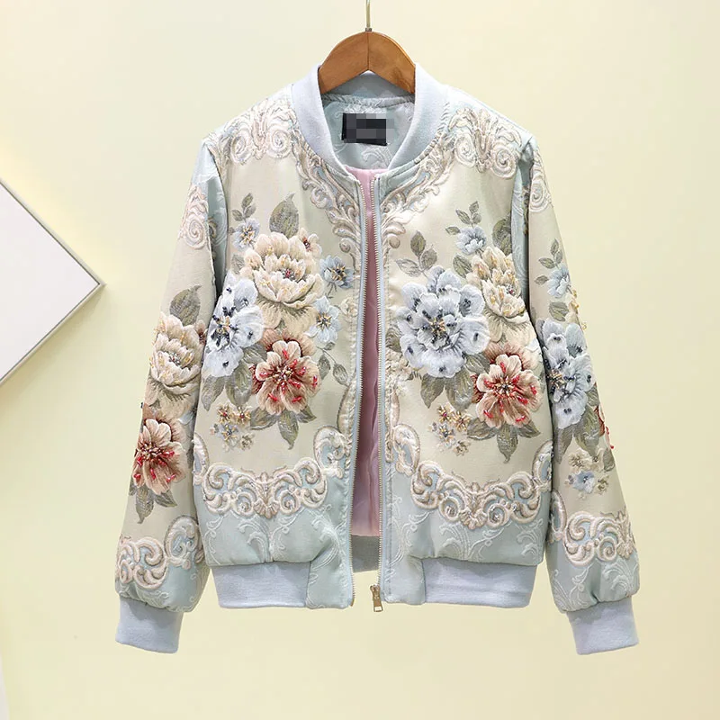 Light Blue Винтажная Базовая куртка с вышивкой, Женское пальто, осенне-зимняя жаккардовая куртка-бомбер, Женская бейсбольная короткая куртка с бусинами, Топ - Цвет: Light Blue