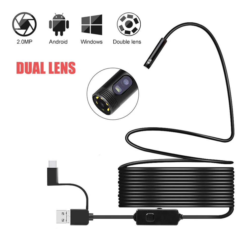 Endoscopio Industrial 3 en 1, 8mm, USB C, doble lente, Cable duro HD, cámara de inspección tipo C, boroscopio para Android, PC, Smartphone y coches