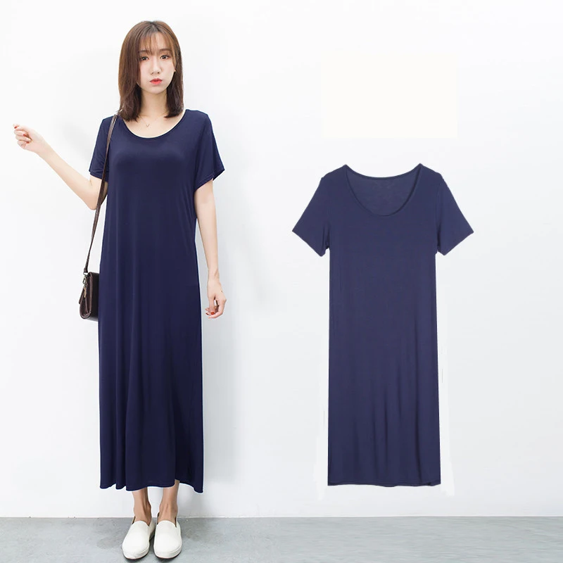 115cm navyblue Свободные ночные рубашки для женщин, длинное однотонное ночное белье для девочек, ночная рубашка из модала и хлопка, летняя ночная рубашка - Цвет: 115cm navyblue