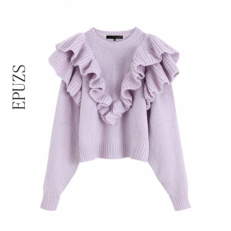 

Spring winter purple Ruffles Knitted Sweater Women Pullovers casual O Neck Long Sleeve Chic korean sweater sweet Puff Femme 2019