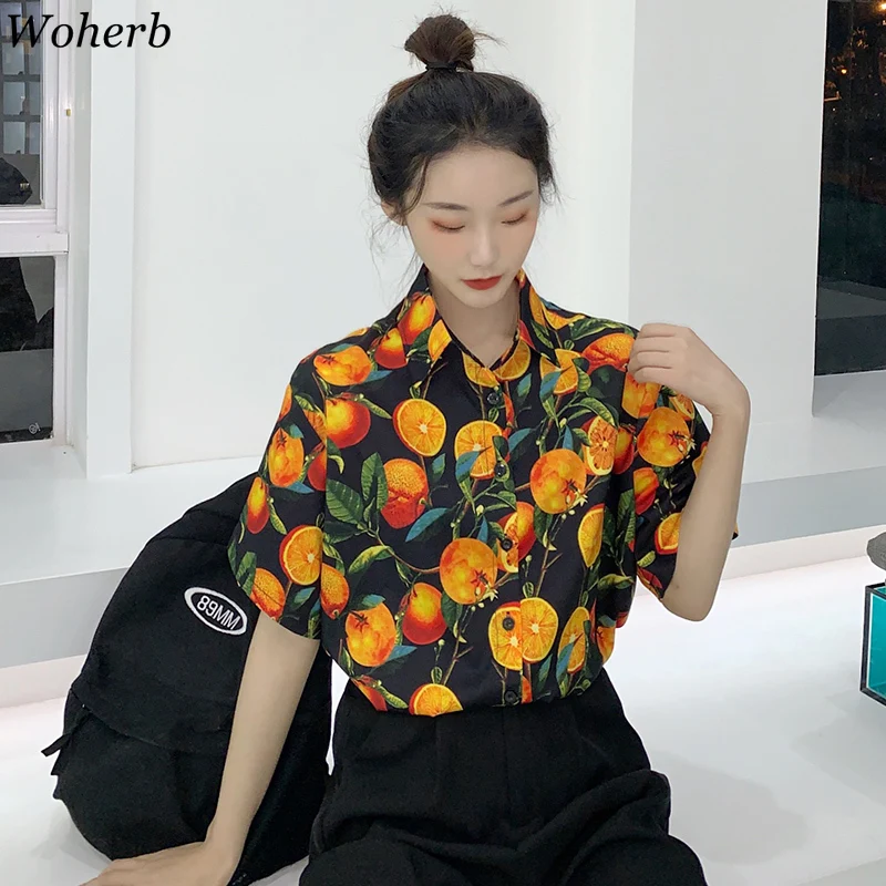 Woherb летняя Новинка с фруктовым принтом рубашки коротким рукавом винтажные