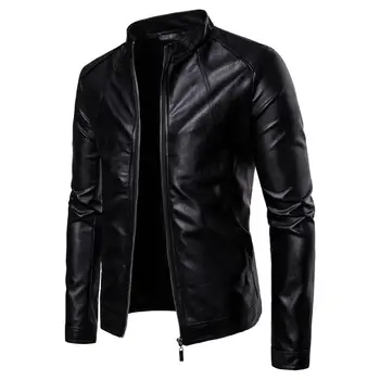 

Men's S-lim Jacket Fashion Solid Color Motorcycle Winter Jackets chaqueta hombre Windproof Black Leather Jacket kurtka