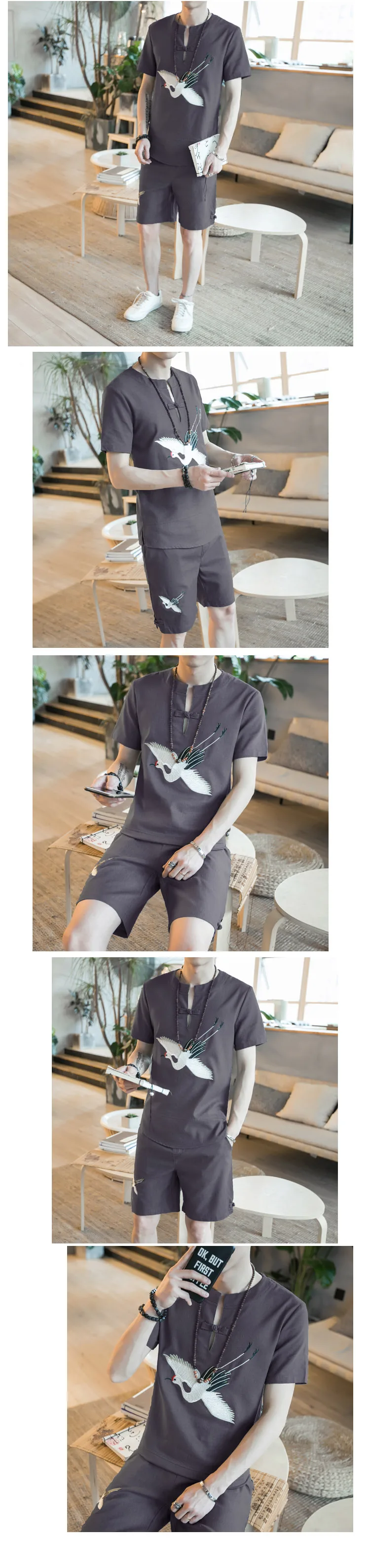 VOGUELEO новые модные летние короткие комплекты мужские повседневные костюмы с вышивкой для мужчин в китайском стиле высококачественный хлопковый комплект
