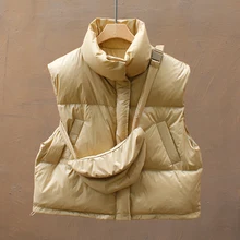 

2022new Stand Collar Women Slim Warm Short White Down Vest with Bag New Autumn Winter Female Chic Down Coat Snow Waistcoat