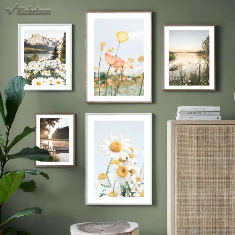 

Daisy Poppy Flowers Canvas Painting Sunrise Pier Summer Dawn Nordic Poster Wall Art Prints Wall Pictures for Living Room Decor
