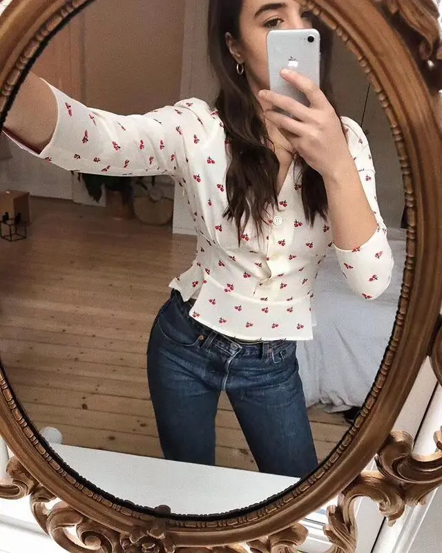 Женская блузка с длинным рукавом, рубашка, женские блузки, топ, vestido de festa, вишневый принт, v-образный вырез, длинный рукав, вискозная блузка