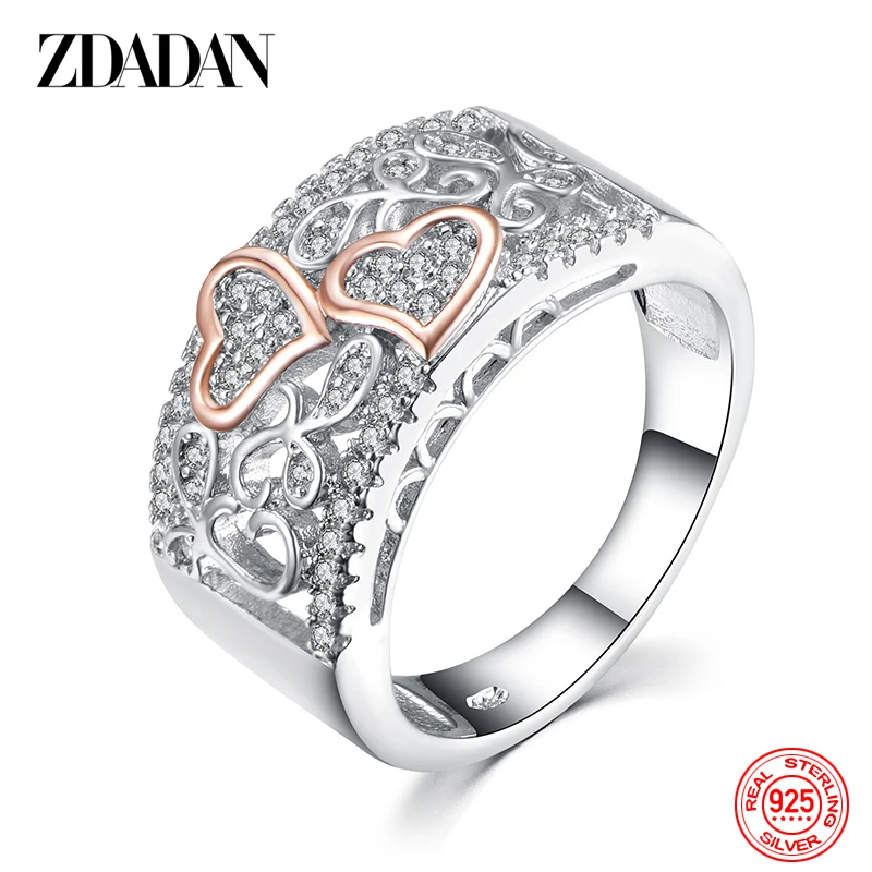 ZDADAN 925 Sterling Silver Heart CZ Rings for Women Wedding Jewelry