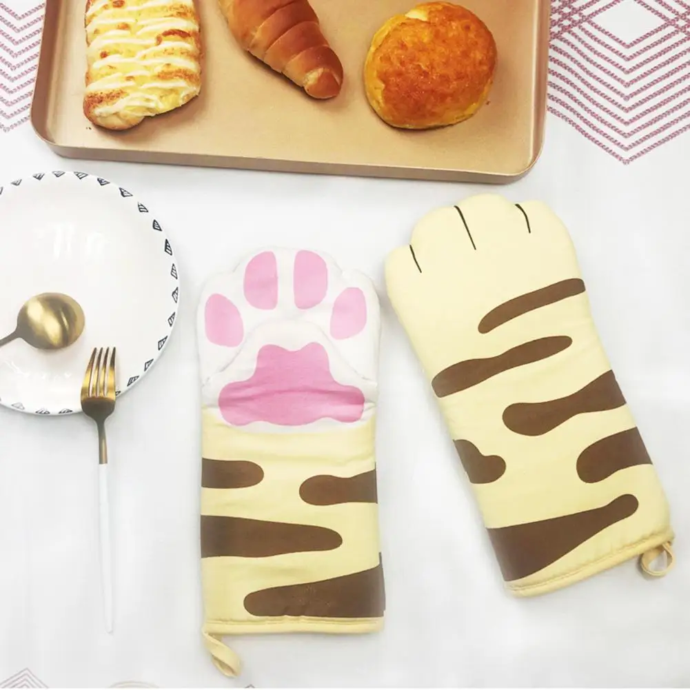 3D Cartoon Cat Paws Oven Mitts Long Cotton Baking Insulation Gloves Microwave Heat Resistant Non-slip Kitchen Gloves Tool 1pcs