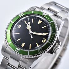 Мужские автоматические механические часы в стиле ретро, 39,5 мм, черный стерильный циферблат, Зеленый алюминиевый лист, светящийся ободок