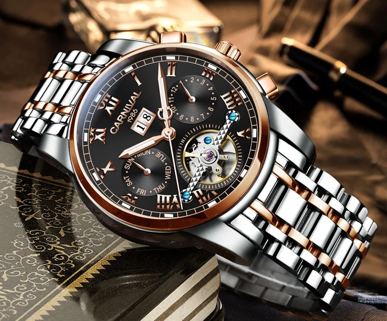 Tourbillon автоматические часы для мужчин s карнавал лучший бренд класса люкс многофункциональные деловые машины часы для мужчин водонепроницаемые часы с скелетом