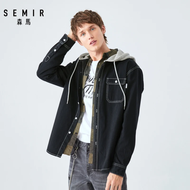 SEMIR джинсовая мужская рубашка с длинным рукавом, осень, новая свободная Мужская рубашка с капюшоном и принтом, шикарный корейский стиль