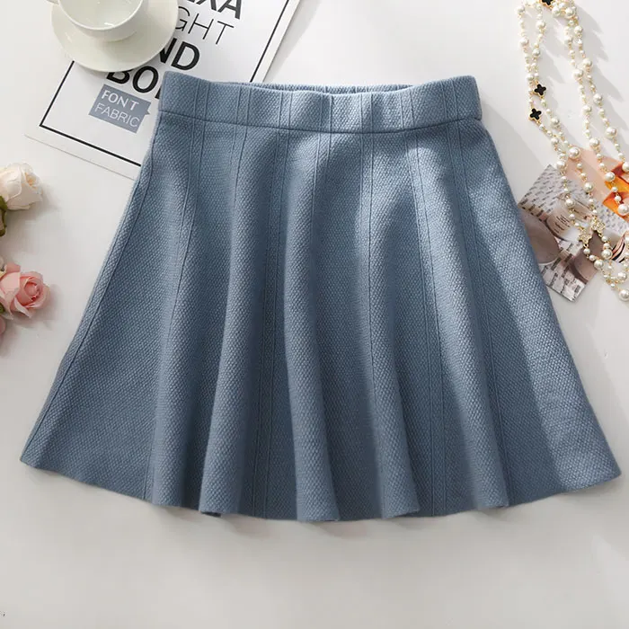 TIGENA Warm Knitted Skirts Womens Autumn Winter Elastic High Waist Pleated Mini Skirt Female Black Khaki Gray Skirt Girls - Цвет: Синий