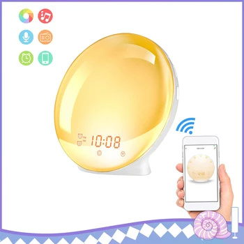 

APP Control Smart Wake-up Light Alarm Clock Smart Wake Up Light Digital Alarm Clock Radio 7 Colored Sunrise Sunset Mode Lamp